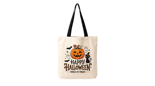 Halloween tote bag with pumpkin graphic and trick or treat text isolated on white background