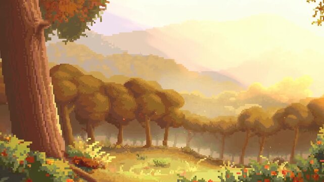 Pixel art forest landscape with a sunlit meadow, flowering plants. Game environment, fantasy project, and relaxation media.
