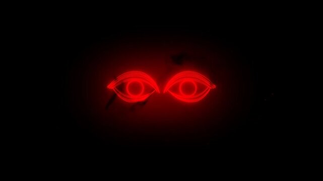 Glowing red eye symbols pulse against a black digital field. Cybersecurity presentations, surveillance technology campaigns, and privacy awareness content.