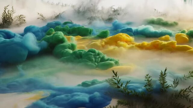 Colorful abstract mist drifts through a dreamlike atmospheric field framed by delicate foliage. Wellness media, fantasy title sequence, and creative presentation.