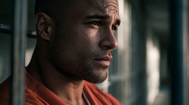 Man in a prison uniform looking at the camera.