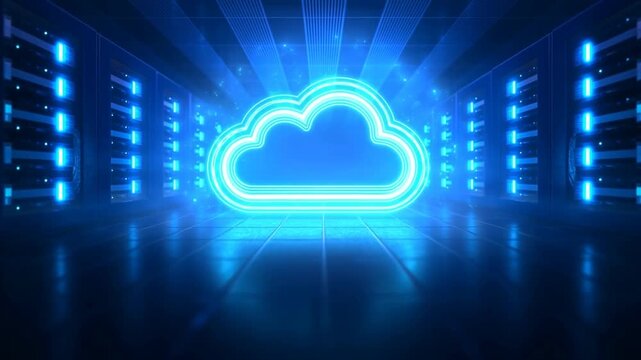 Pulsing cloud computing symbol illuminates a dark server room. Cloud service advertising, technology presentations, and it infrastructure marketing.