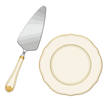 Cake Server and Scalloped Decorative Plate with Gold Accents