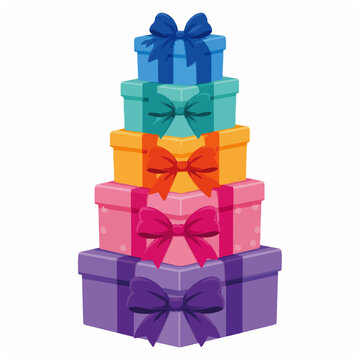 Five Stacked Colorful Gift Boxes with Decorative Bows