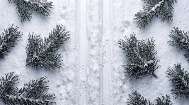Top-down view of a winter landscape featuring pine branches on fresh snow and parallel cross-country ski tracks for a peaceful seasonal change scene.