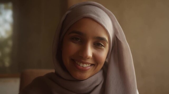 Smiling woman in a headscarf speaks and gestures in a warmly lit indoor portrait. Inclusive advertising, community outreach campaigns, and education communication.