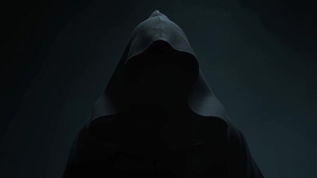 Hooded mysterious figure stands still in a dark studio-like interior. Crime thriller production, cybersecurity campaign, and horror film promotion.