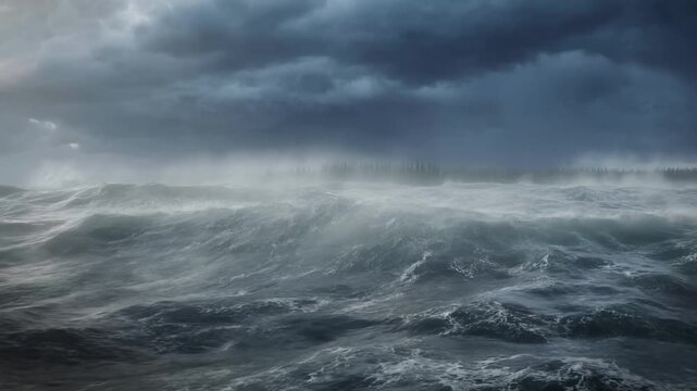 Stormy ocean waves churn across open water beneath dark clouds and windblown sea spray. Weather documentaries, oceanography education, and climate communication.