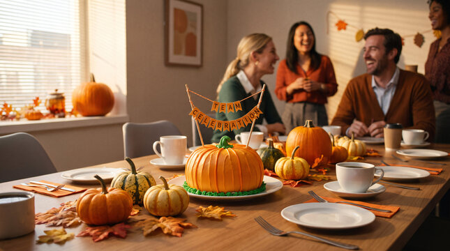 Colleagues gathered around a table decorated with pumpkins and autumn leaves for Halloween party