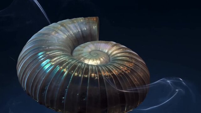 Spiral shell rotates as luminous energy trails flow through a dark blue abstract environment. Science education, marine biology presentations, and mathematics content.