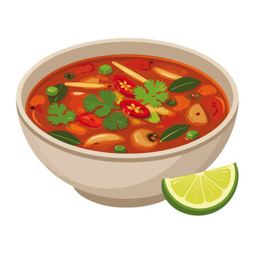 Spicy Red Soup in Ceramic Bowl with Lime Wedge