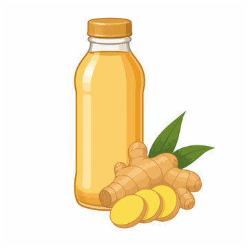 Glass Bottle of Ginger Juice with Whole Ginger Roots and Sliced Ginger