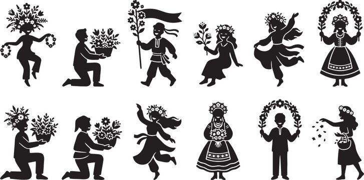 Folk dancers performing ethnic regional traditional choreography icons
