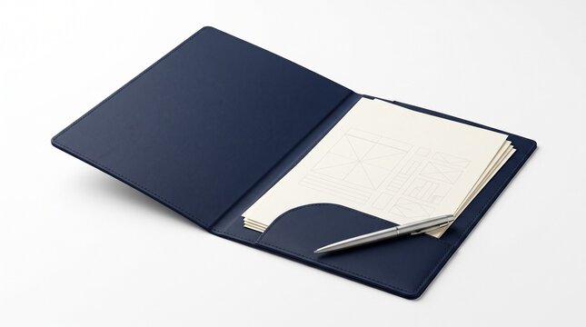 Dark blue executive presentation folder mockup, open leather padfolio with notepad and silver pen, corporate stationeries mockup for branding