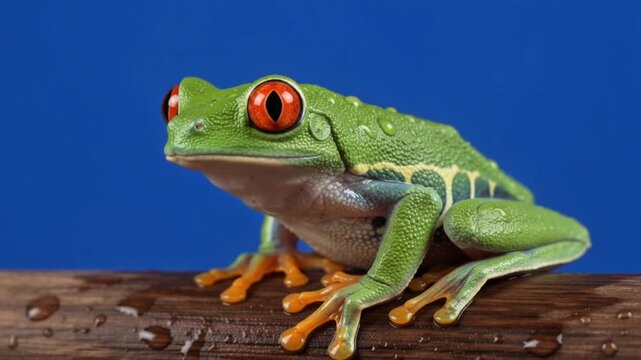 Red-eyed tree frog perched on wet wood branch against solid blue screen studio background
