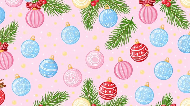 Christmas Growth Pink Seamless Pattern with Colorful Baubles and Pine Branches