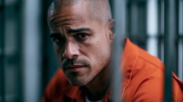 Man in a prison uniform looking at the camera.