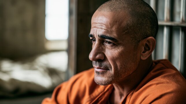 Man in a prison uniform looking at the camera.