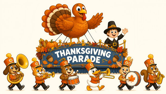 Thanksgiving parade illustration with a marching band and a float featuring a turkey balloon isolated on white background
