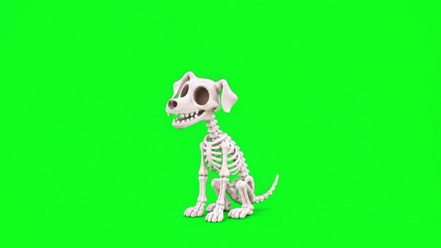 Cartoon dog skeleton sitting and barking on green screen background.