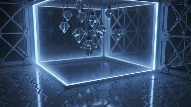 Shifting cube display in chamber with LED edges ramping amber-to-blue, revealing prisms for display