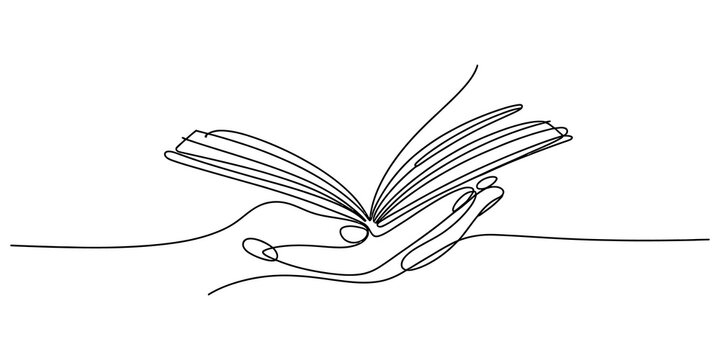 A simple continuous single line drawing of an open book resting on a hand isolated on a clean white background isolated on transparent background, Vector