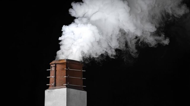 Dense white smoke billows from brick chimney stack on black backdrop.