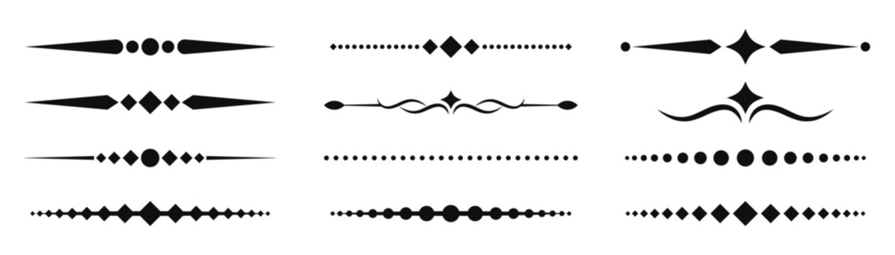 Collection of nine black decorative text dividers and ornate line separators isolated on transparent background