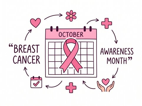 Breast cancer awareness month calendar doodle with pink ribbon