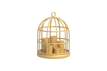 Frozen assets. Strict financial restrictions during crisis. Reliable capital security behind bars. Fund confiscation. Stacks of coins locked inside cage isolated on white background. 3d render © OlekStock