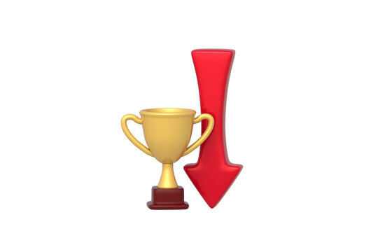 Champion dethronement. Declining athletic performance. Loss of leadership. Unexpected defeat. Underperformance analysis. Golden sports trophy beside down arrow isolated on white background. 3d render