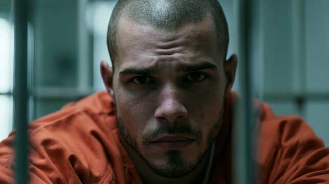 Man in a prison uniform looking at the camera.