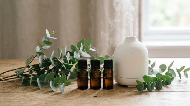 Minimal aromatherapy diffuser with eucalyptus and oil bottles on wood table