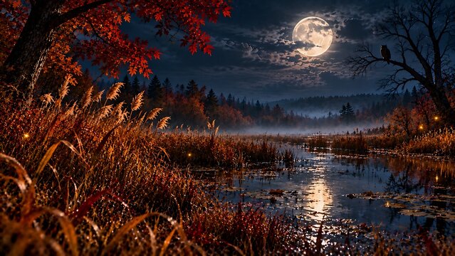 Autumn swamp landscape with full moon and owl silhouette for seasonal backgrounds