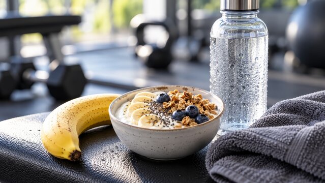 Healthy yogurt bowl with banana, berries and granola beside water bottle at gym. Fitness nutrition and hydration. Post-workout breakfast. Healthy lifestyle and exercise recovery.