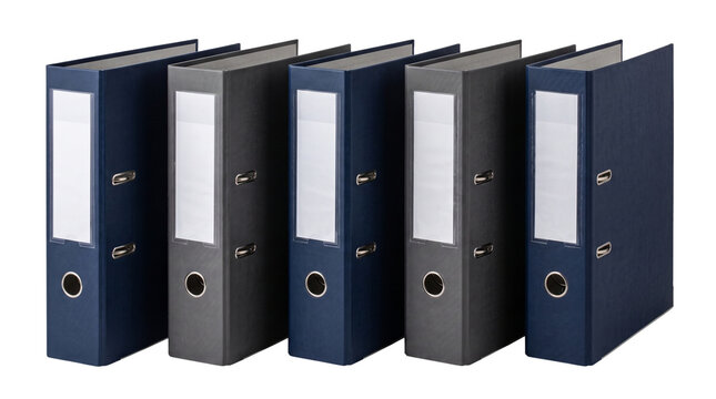 five alternating blue and gray ring binders isolated on transparent background png