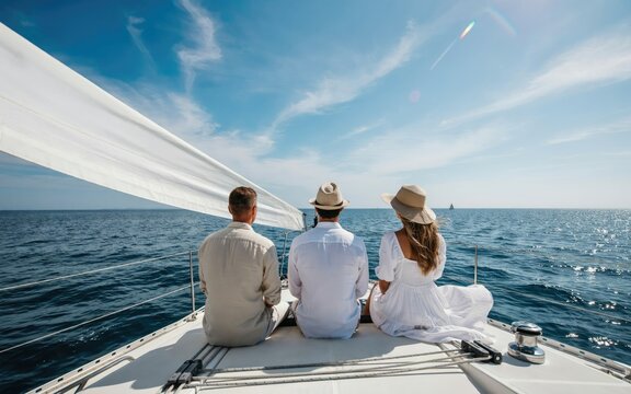 Three people sitting on the deck of a sailboat looking out at the blue ocean under a clear sky