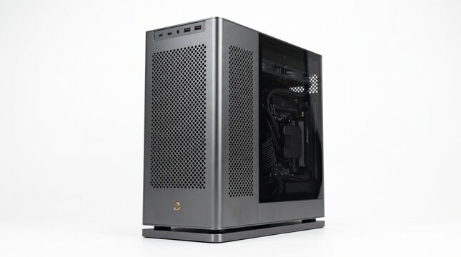Modern pc case with glass side panel, custom desktop computer tower studio shot, grey metallic gaming pc setup isolated on white background