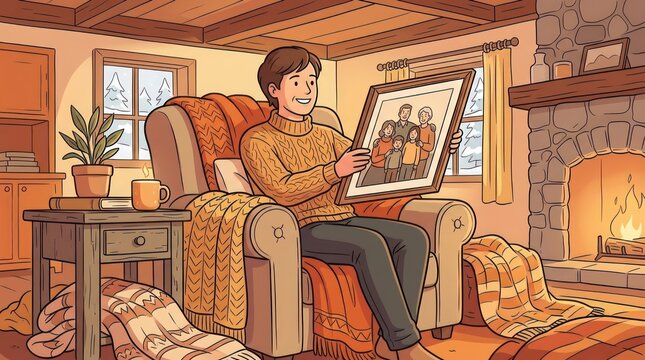 Man reminiscing while holding a family portrait by a warm fireplace