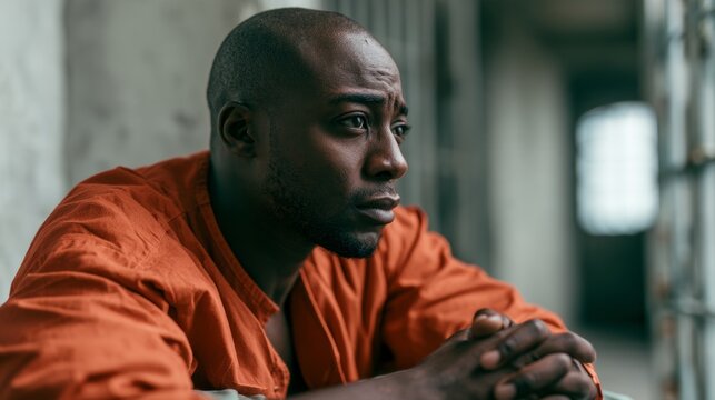 Man in a prison uniform looking at the camera.