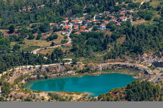 Aerial View of Abandoned Mining Lakes and Quarry Landscape in Euboea Greece