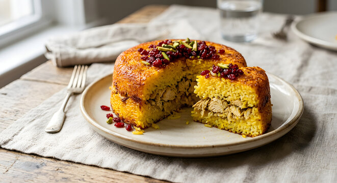 Small Round Saffron Tahchin Rice Cake With One We