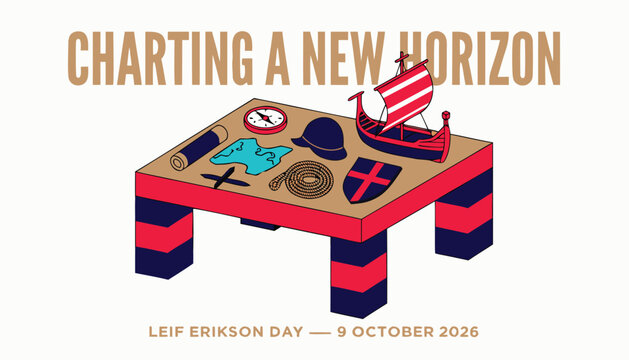 Viking ship model placed on wooden table for Leif Erikson Day