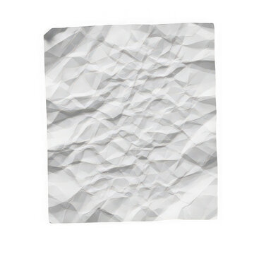 A single sheet of white crumpled paper with many folds isolated on transparent background