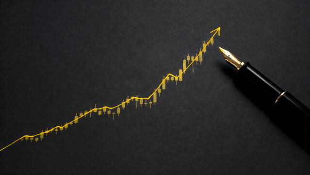 Golden uptrend arrow graph with fountain pen on dark background symbolizing financial growth and investment success
