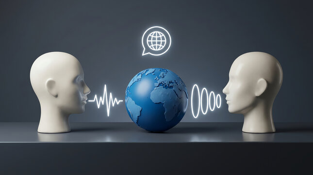 Mannequin heads with sound waves and a globe represent global communication