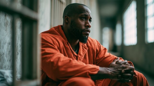 Man in a prison uniform looking at the camera.