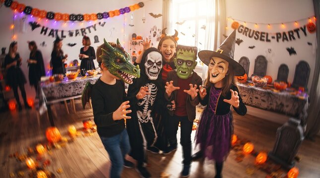 Group of Cute Kids in Halloween Costumes Having Fun at School Party. Kids Halloween Party Concept Banner with Copy Space