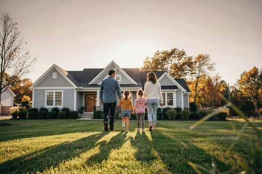 Family of four walking hand-in-hand toward a suburban house at sunset