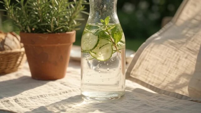 Garden table setup with vegetable tart bread and infused water